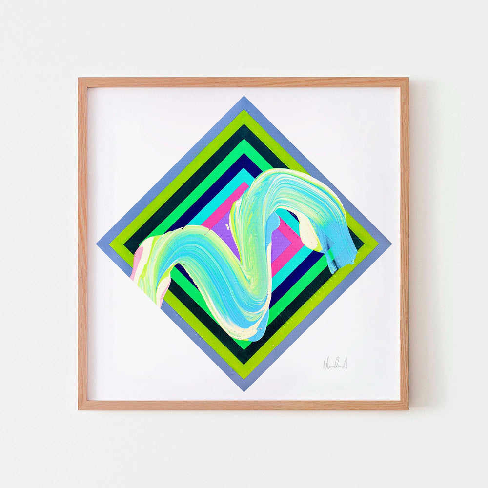 Green geometric art print in an oak frame.