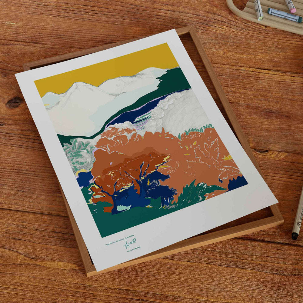 
                  
                    Unframed modern art print of a landscape on a wooden table top.
                  
                