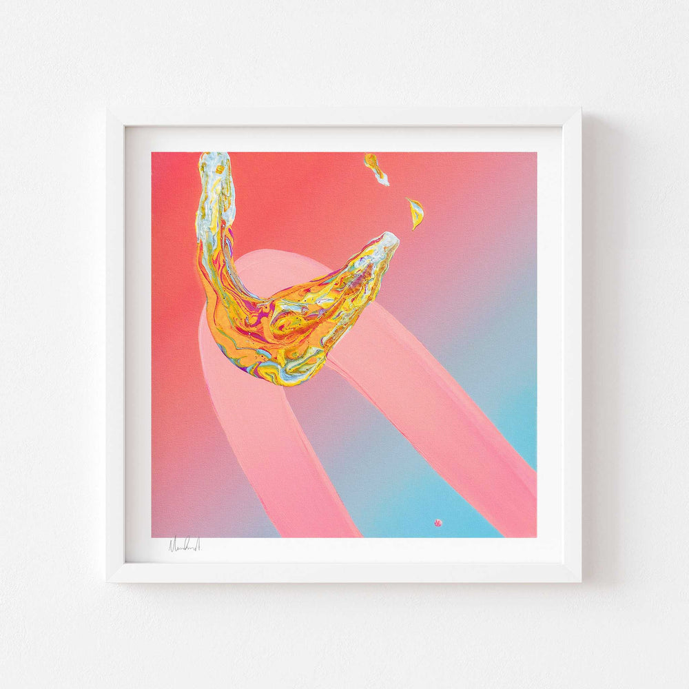 
                  
                    Pink, orange and blue modern art print in a white frame.
                  
                