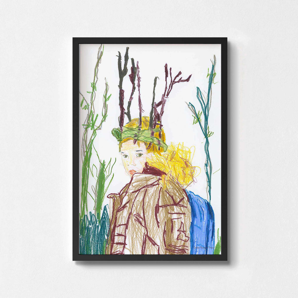 
                  
                    Contemporary art print sketch of a child in nature framed in black.
                  
                