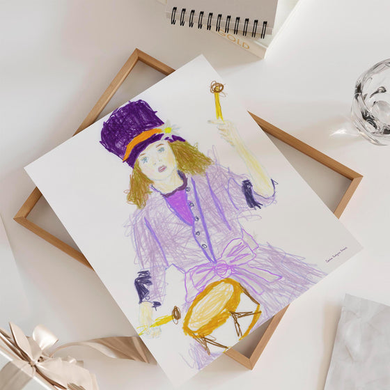 Unframed purple wall art print of a girl playing a drum.