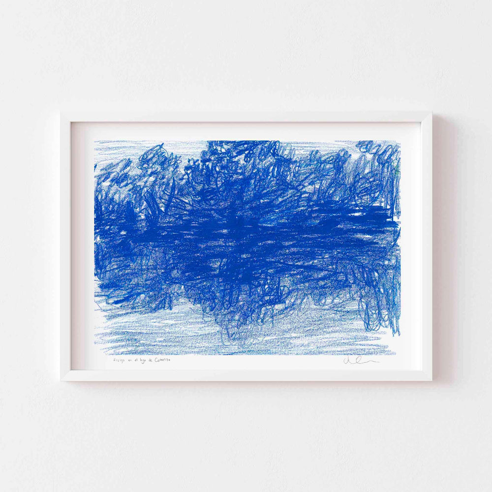 Contemporary blue landscape wall art print framed in white.