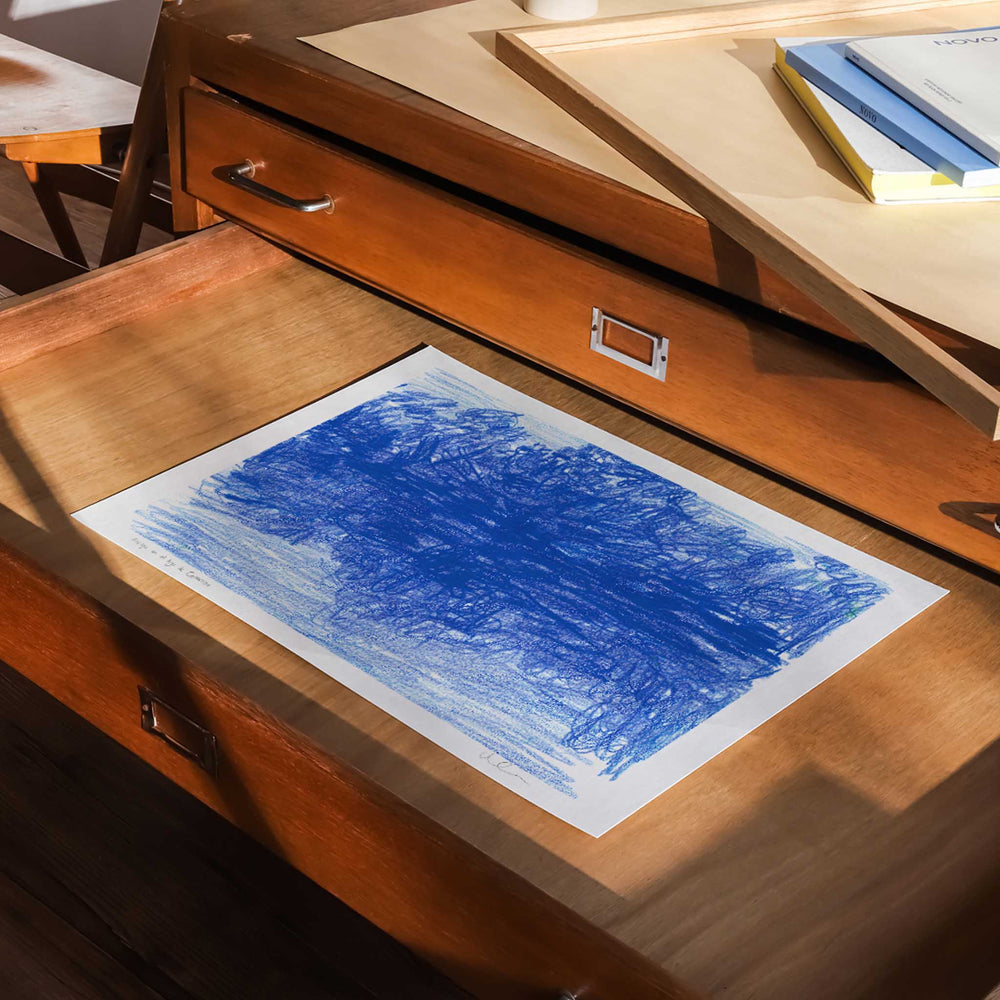 
                  
                    Unframed blue modern art print in a contemporary studio space.
                  
                