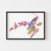 Small botanical wall art print of a purple and pink flower framed in black.