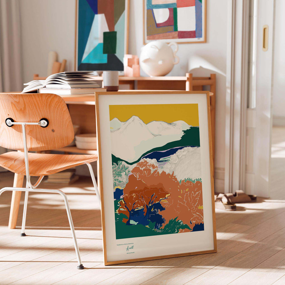 
                  
                    Framed colourful art print of landscape in a modern living space.
                  
                