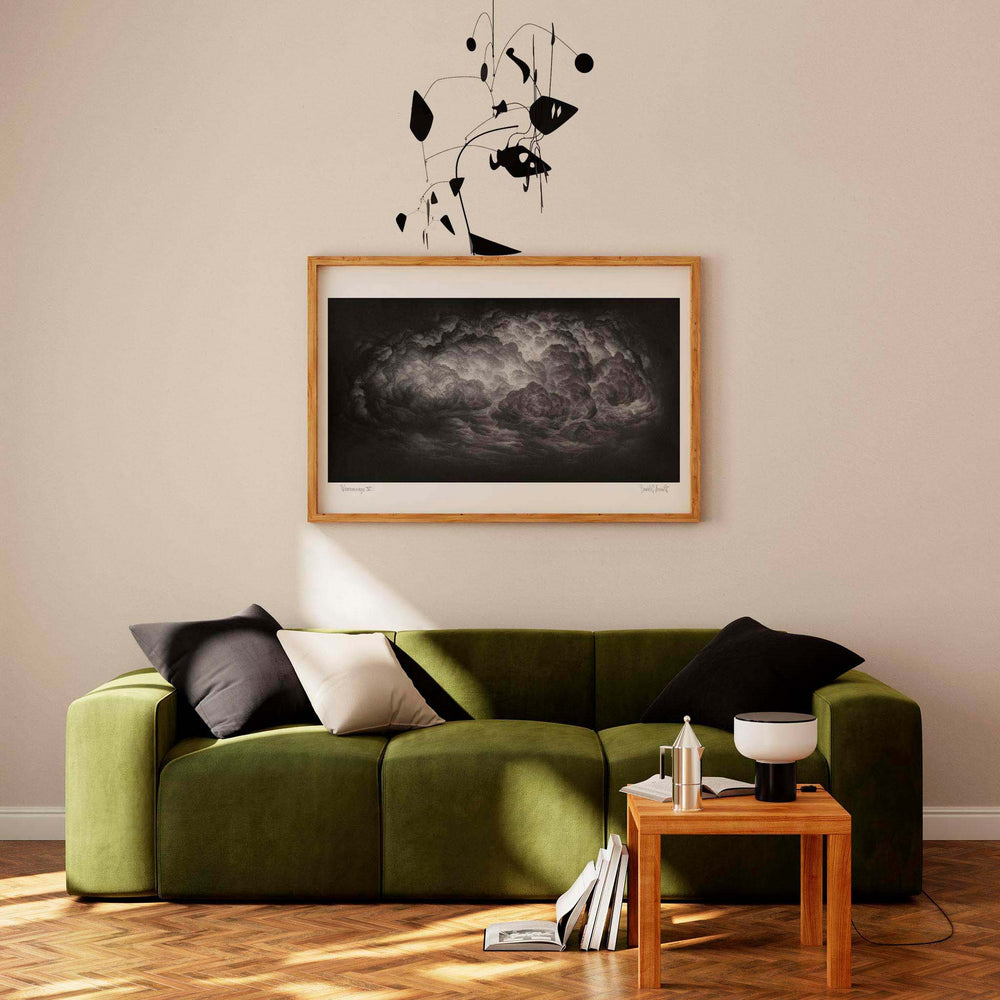 
                  
                    Large monochrome fine art print of a cloud in a modern living room.
                  
                