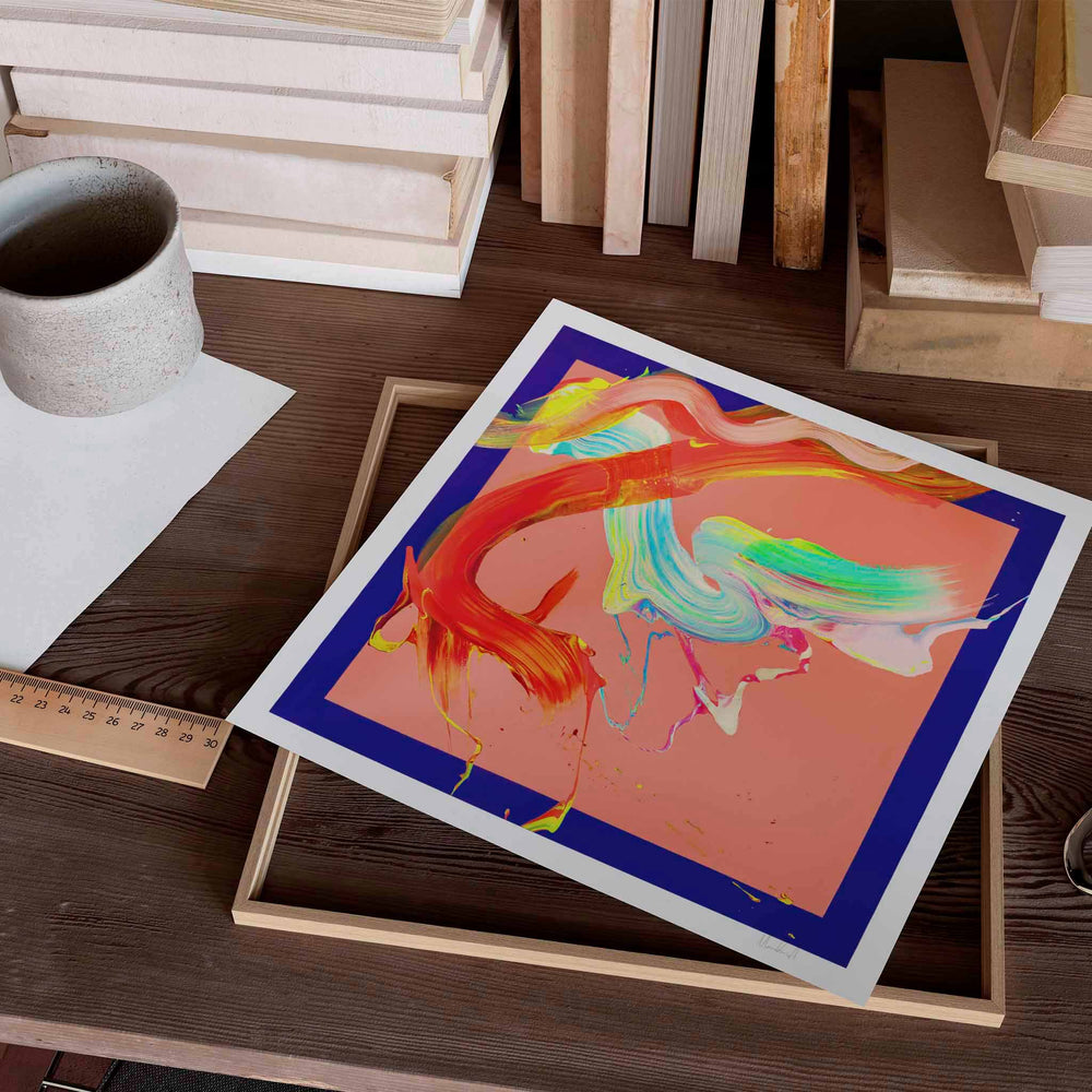 
                  
                    Bright multicolour art print unframed on a wooden desk.
                  
                