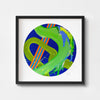 Bold and colourful contemporary art print framed in black.