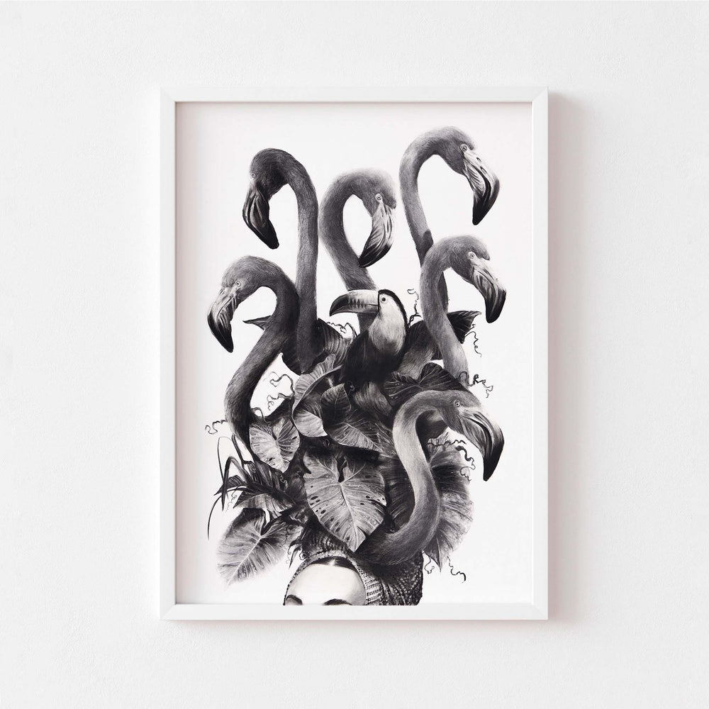 
                  
                    Black and white wall art print of a lady with a flamingo headdress in a white frame.
                  
                