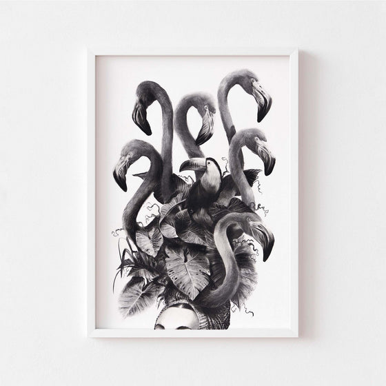 Black and white wall art print of a lady with a flamingo headdress in a white frame.