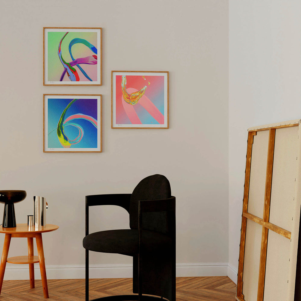 
                  
                    Set of abstract wall art prints in a contemporary living space.
                  
                