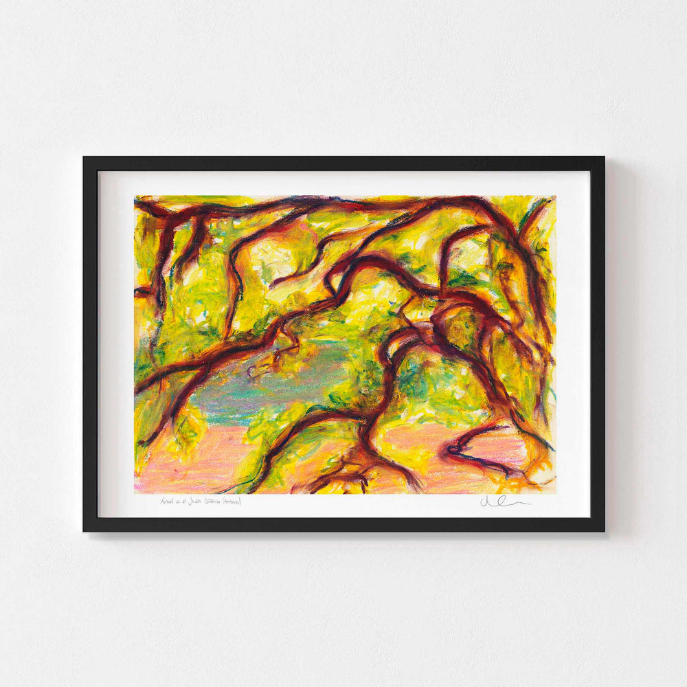 
                  
                    Yellow and red botanical wall art in a black frame.
                  
                