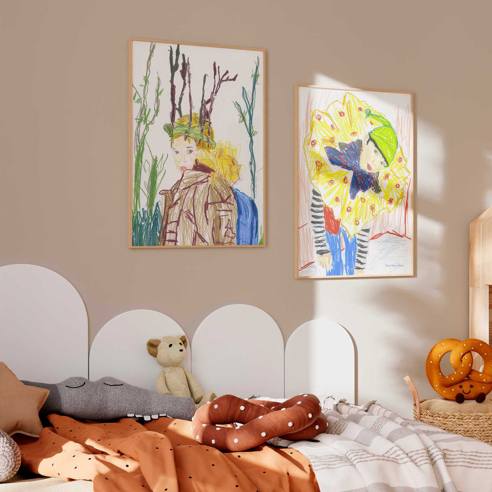 
                  
                    Pair of wall art prints of portraits of children in a neutral bedroom.
                  
                