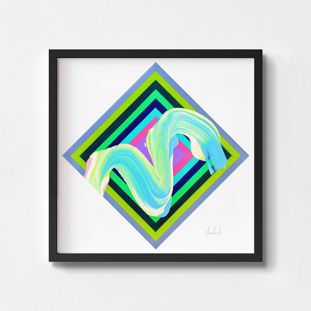 
                  
                    Green geometric art print in a black frame.
                  
                