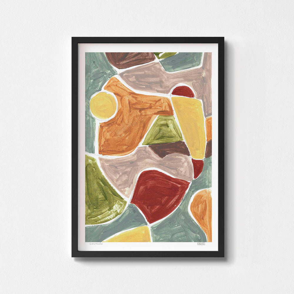 
                  
                    Contemporary abstract wall art print with earth tones framed in black.
                  
                