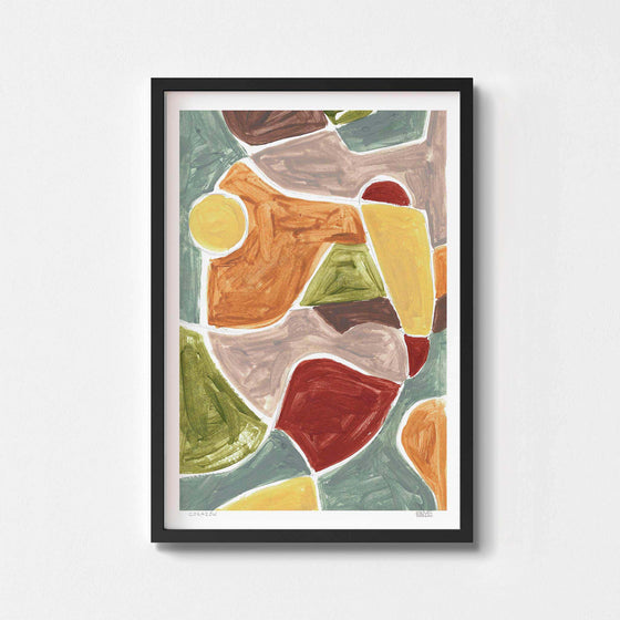 Contemporary abstract wall art print with earth tones framed in black.