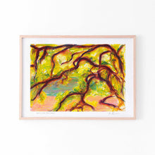  Yellow and red contemporary wall art print in an oak frame.