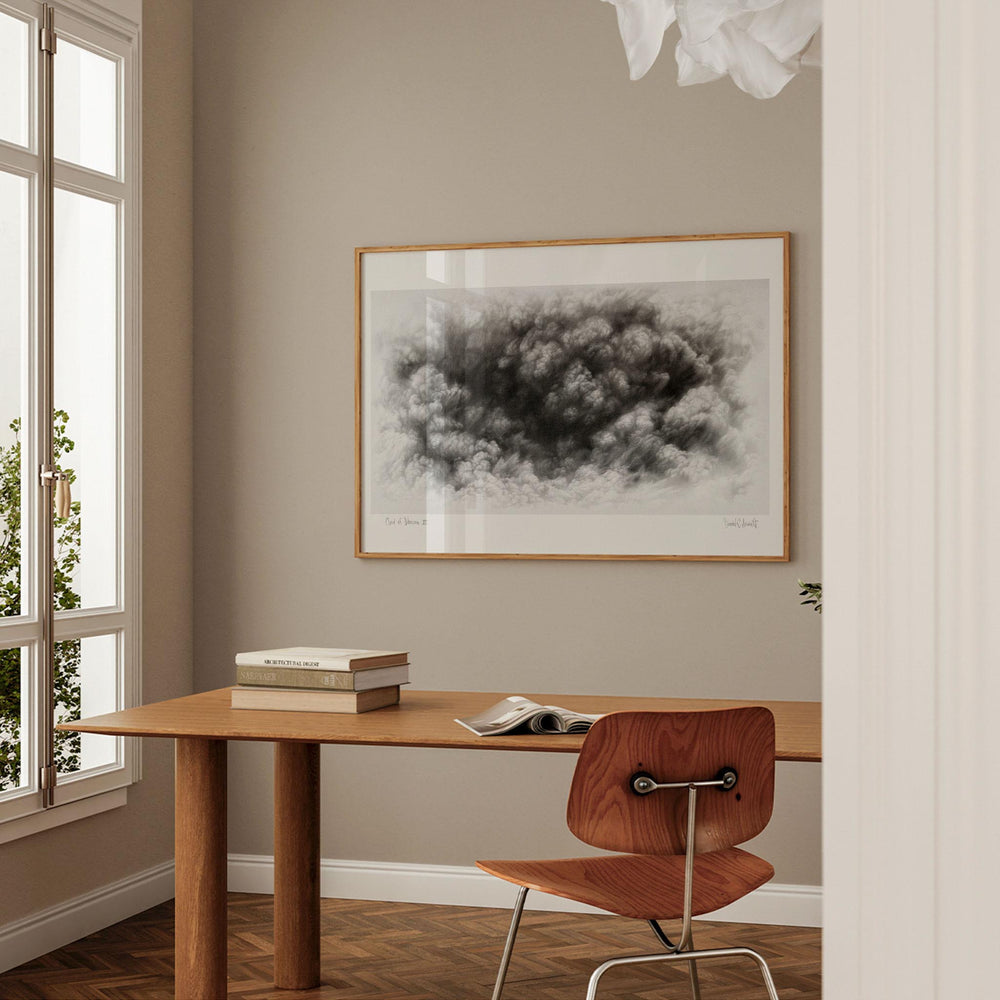 
                  
                    Large horizontal monochrome art print of a cloud in a modern home office.
                  
                