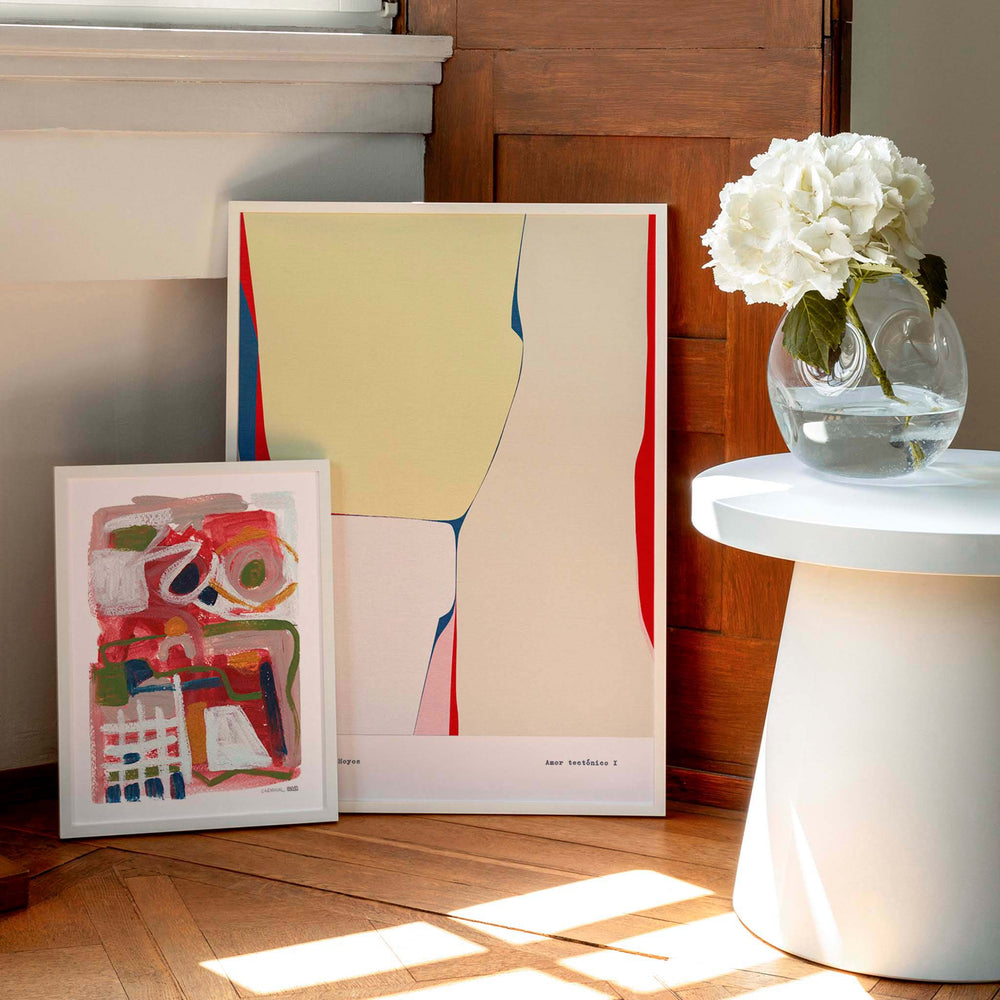 
                  
                    Contemporary red and cream abstract art prints in a contemporary living space.
                  
                