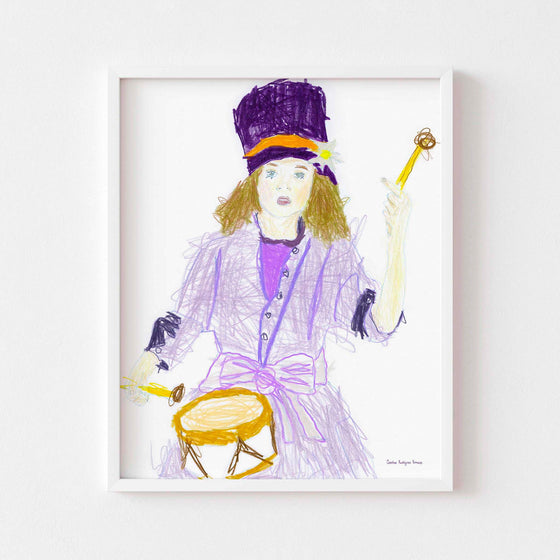 Modern wall art print portrait of a girl playing a drum framed in white.