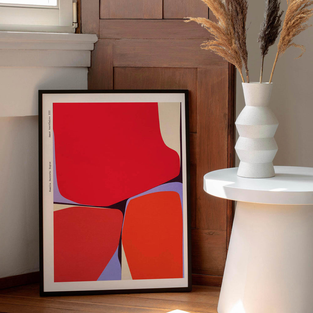 
                  
                    Large red abstract wall art print in a modern living room.
                  
                