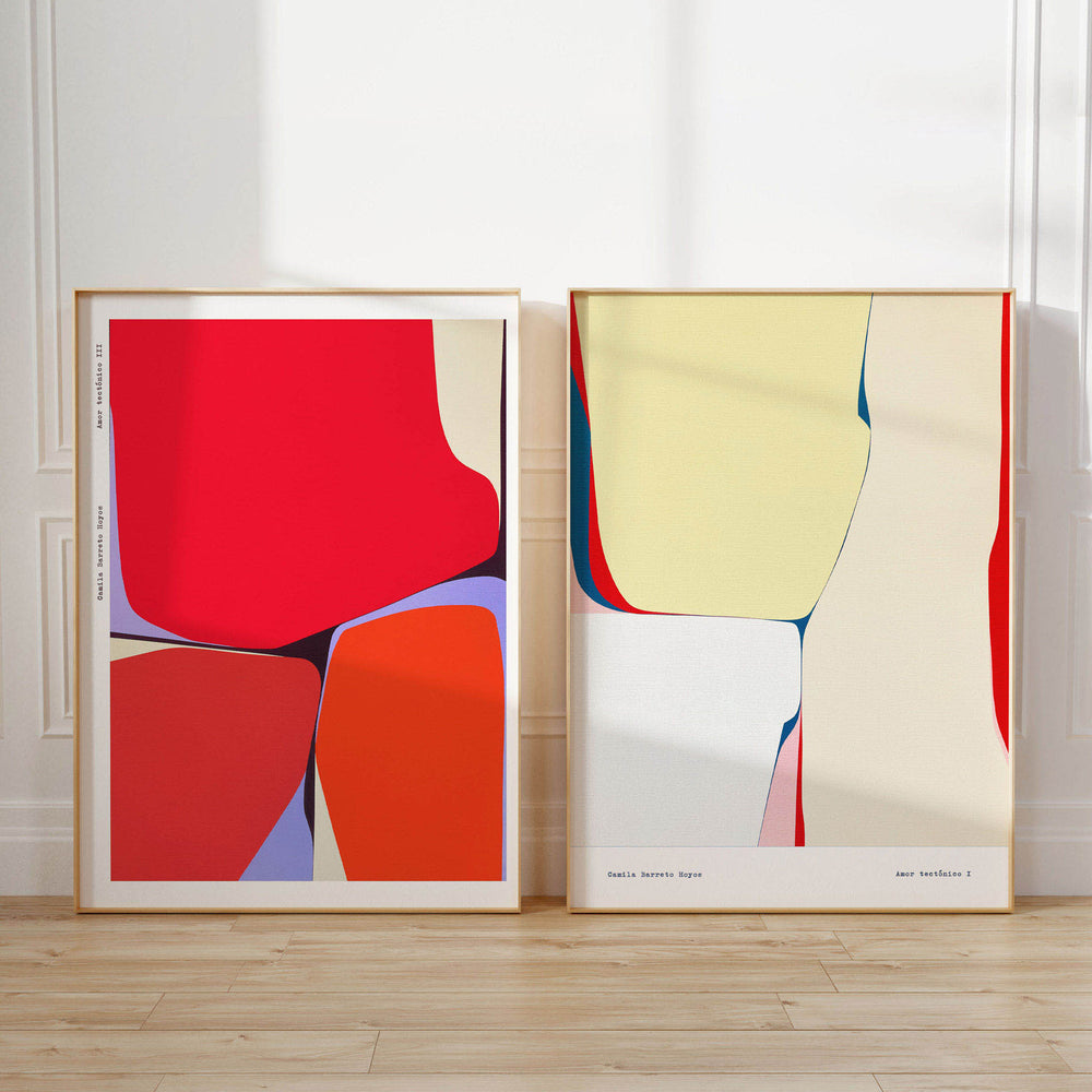 
                  
                    Pair of large abstract red and cream wall art prints in a minimalist interior.
                  
                