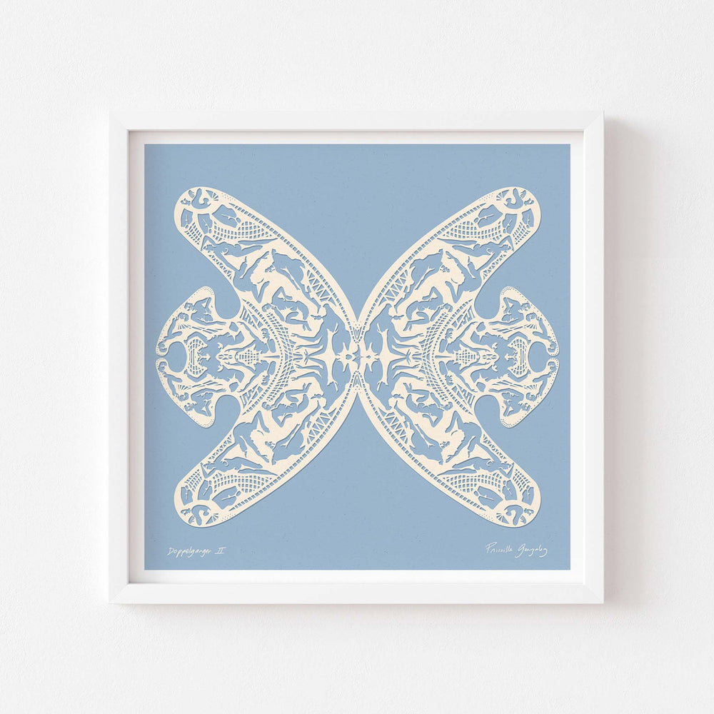 
                  
                    Square blue and white paper cut art print framed in white.
                  
                