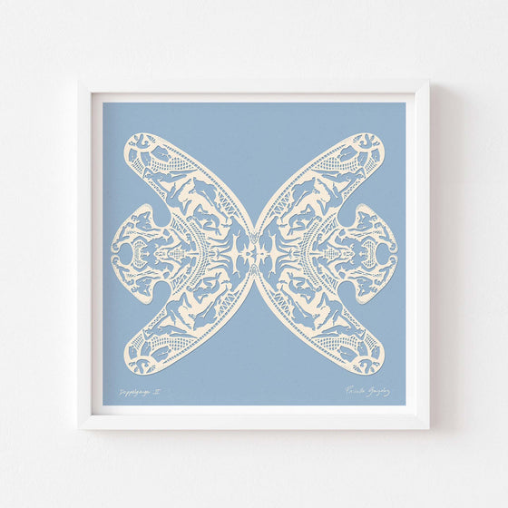 Square blue and white paper cut art print framed in white.