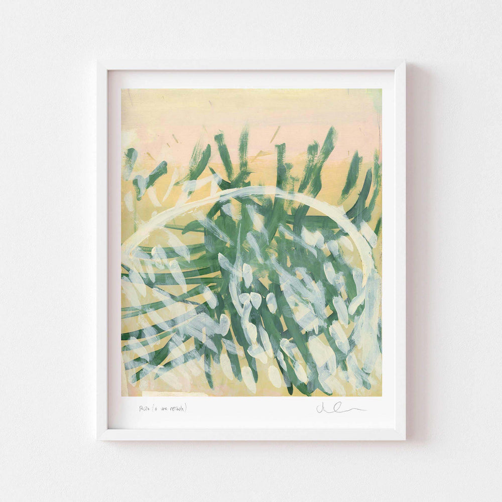 
                  
                    Neutral landscape wall art print framed in white.
                  
                