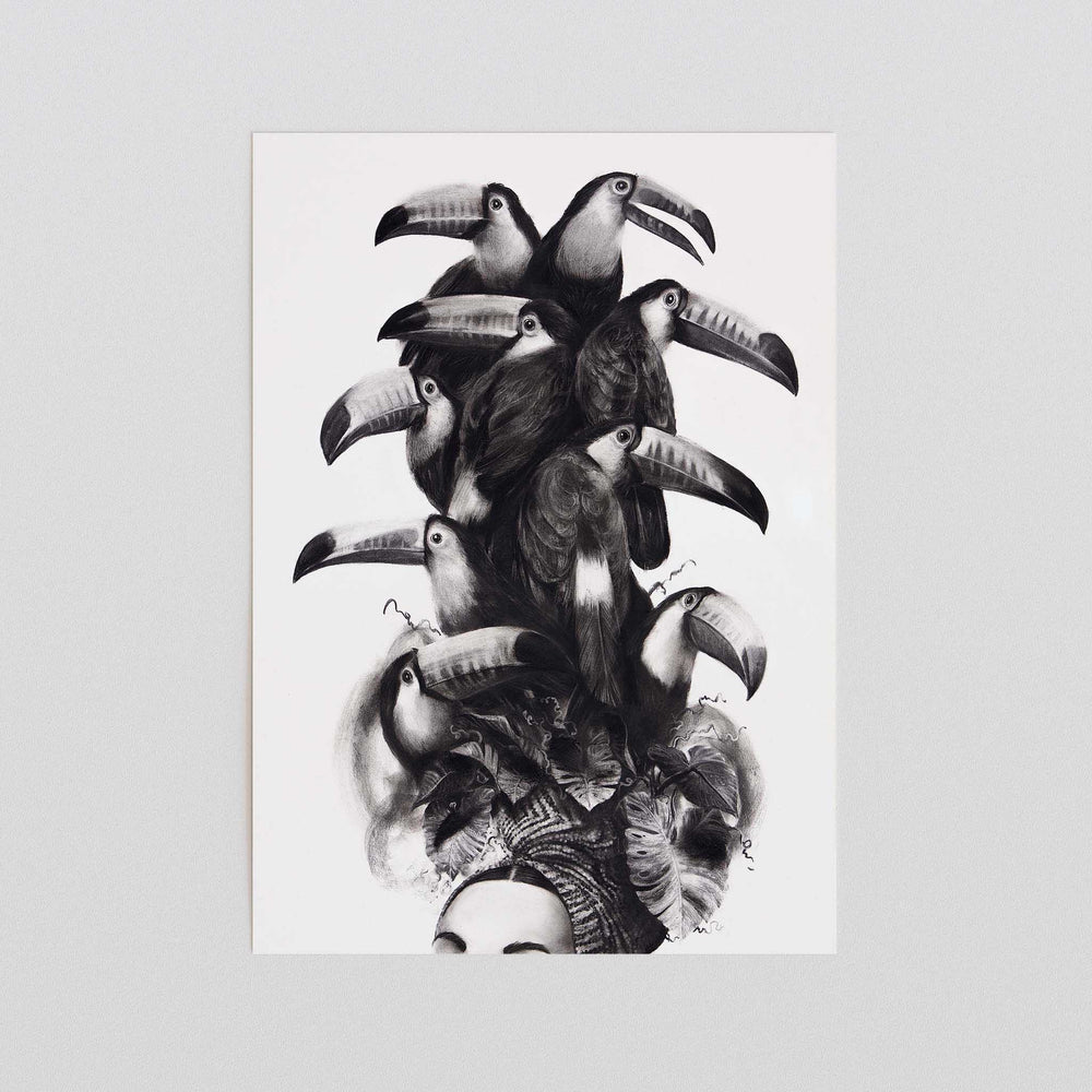 
                  
                    Black and white art print of a women wearing a toucan headdress unframed.
                  
                