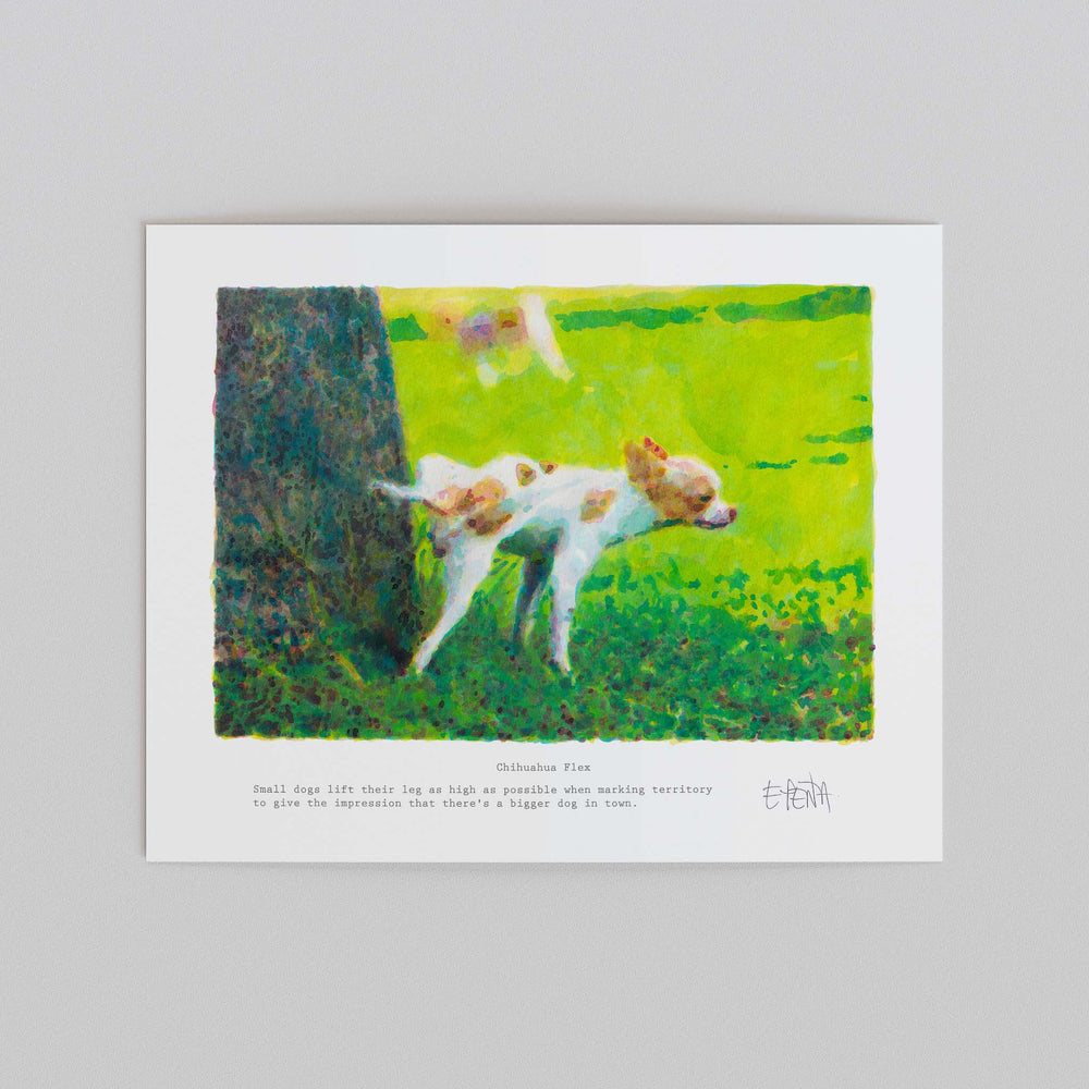 
                  
                    Unframed art print of a chihuahua urinating against a tree.
                  
                