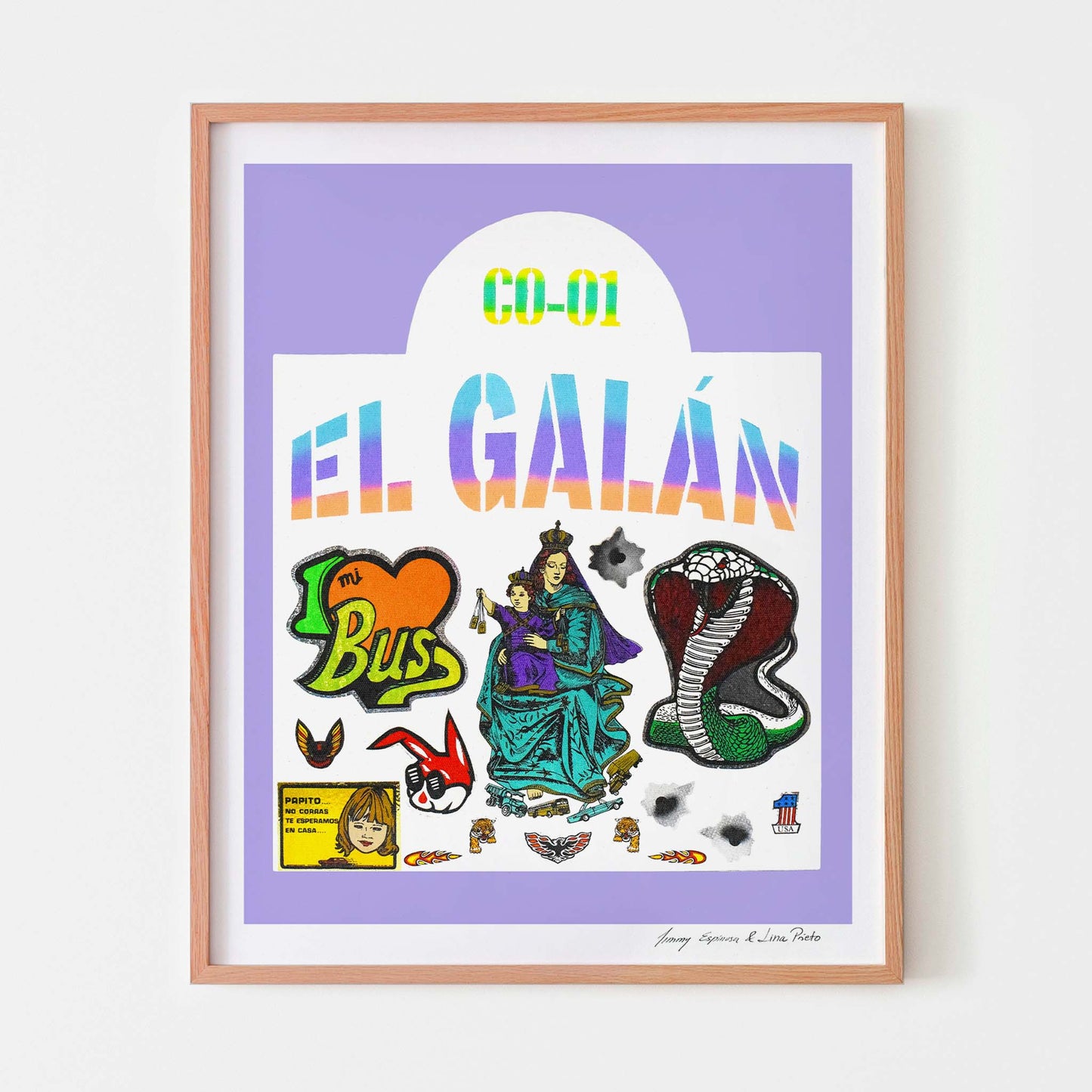 Framed art print with colourful illustrations and text on a purple background
