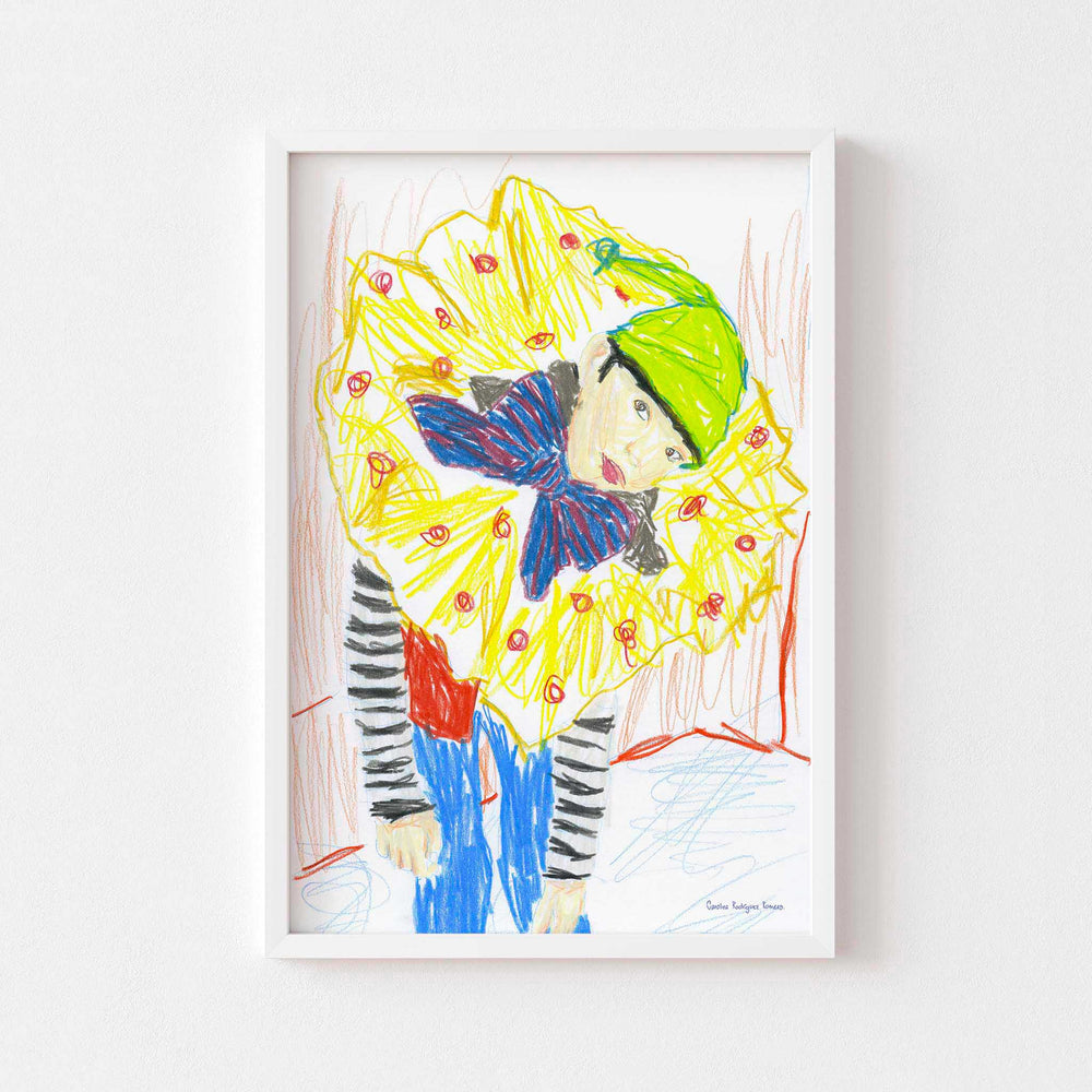 
                  
                    Modern wall art print of a boy in a clown costume framed in white.
                  
                