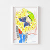 Modern wall art print of a boy in a clown costume framed in white.