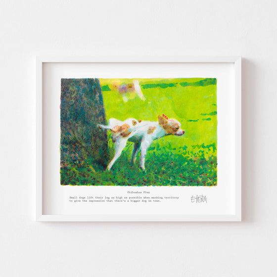 Small art print of a dog urinating on a tree framed in white.