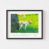 Small animal art print of a dog urinating framed in black.