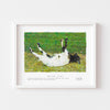 Modern animal wall art print of a fainting goat framed in white.